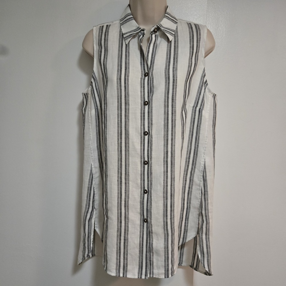 Chico's Size 0 (S) White Gray Striped Sleeveless No Iron Linen Tunic Blouse Top